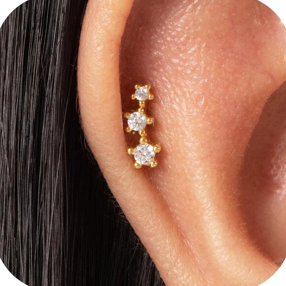 925 Sterling Silver Gold CZ Triple Stud Earrings for Women - Hypoallergenic, Con - Picture 1 of 9